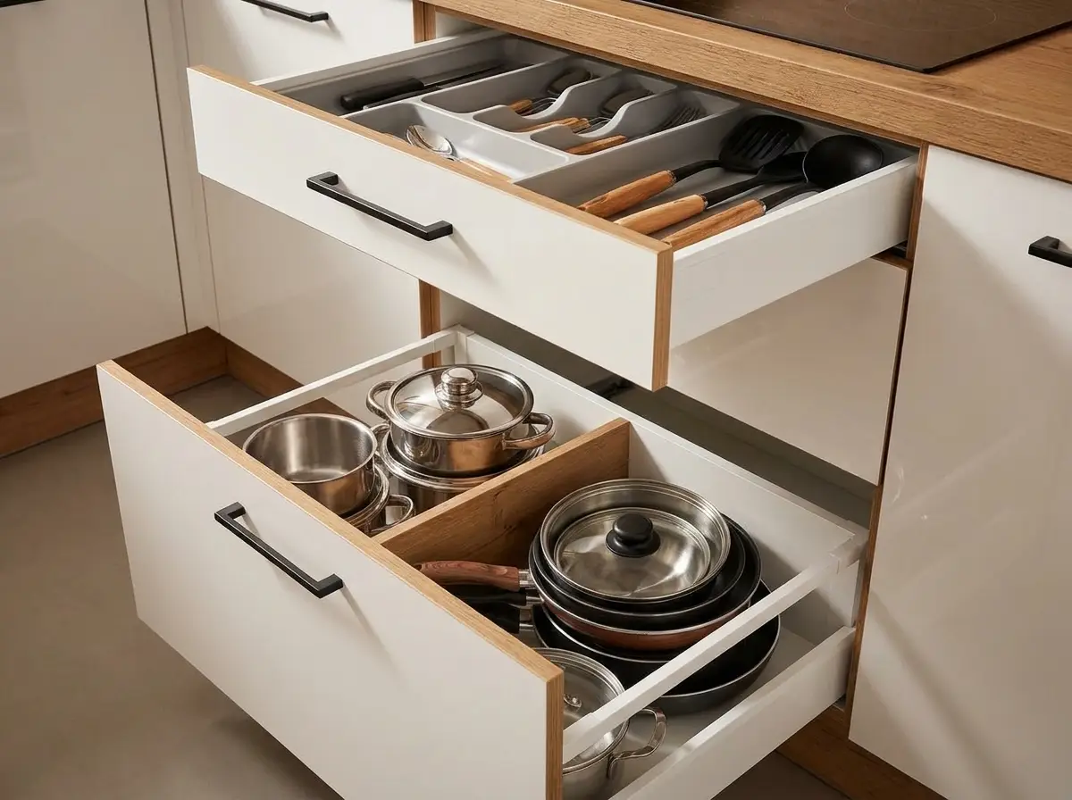 Rangements à tiroirs coulissants dans une cuisine moderne — Laure Cuisines et Meubles