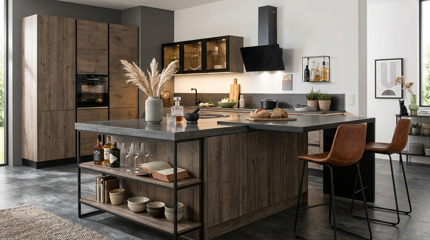 Îlot central de style industriel avec bois patiné, métal noir et plan de travail en béton ciré, tabourets hauts en cuir