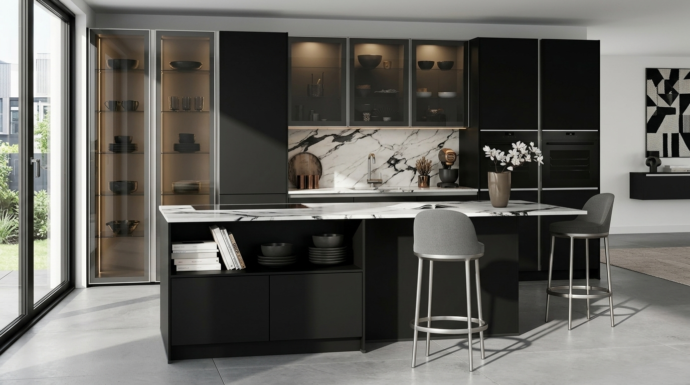 Îlot contemporain en marbre veiné et inox, contraste graphique noir et blanc