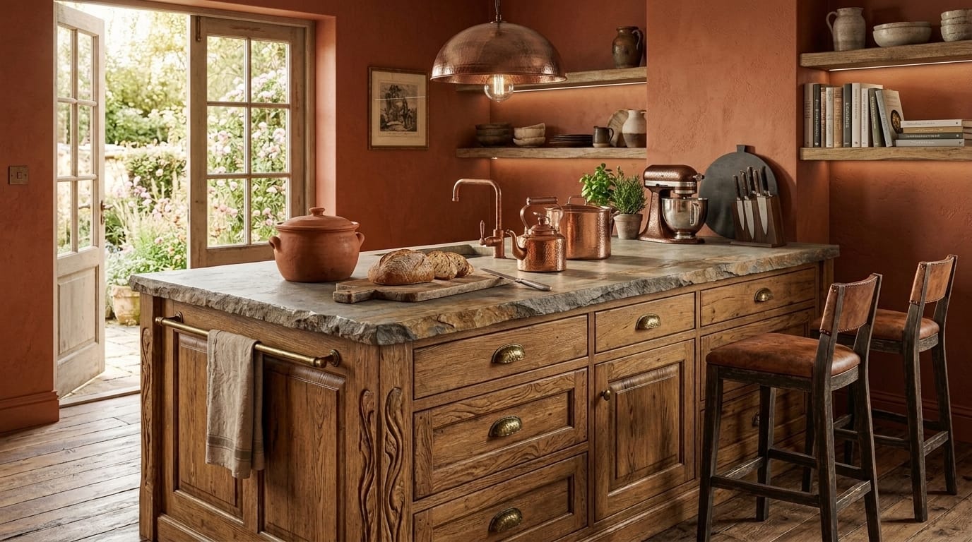 Cuisine rustique avec îlot en bois mouluré et pierre naturelle, lumière naturelle