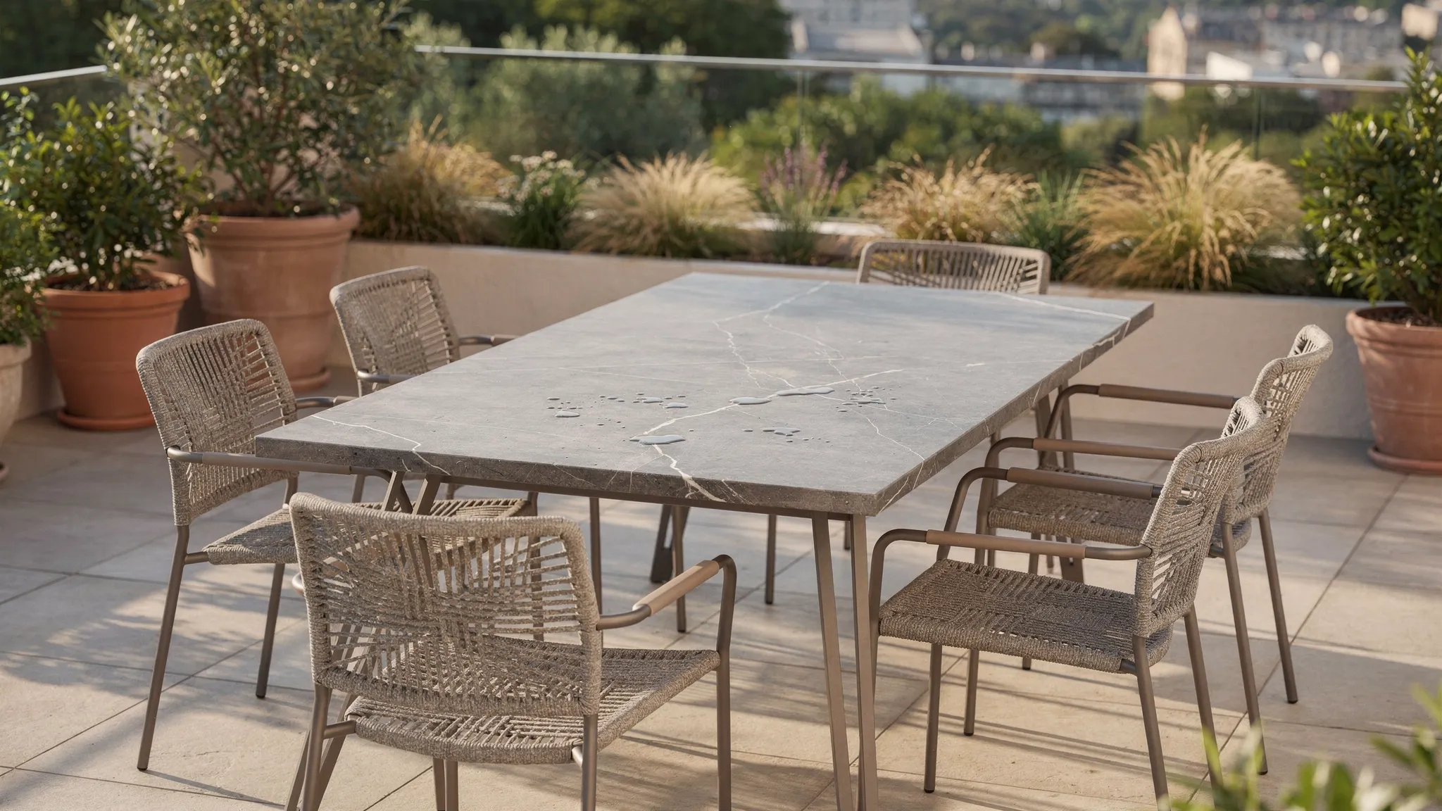 Mobilier d'extérieur résistant en céramique, pierre et aluminium — Laure Cuisines et Meubles