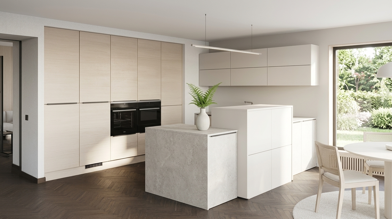 Îlot de cuisine scandinave en chêne clair aux lignes épurées, vase en céramique et ambiance lumineuse
